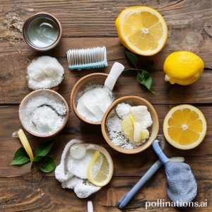 A collection of DIY jewelry cleaning tools on a wooden table: a small bowl with soapy water, a soft toothbrush, a microfiber cloth, baking soda, and a lemon slice.