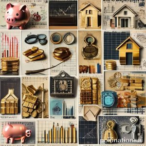 A diverse collage of various investment instruments: a piggy bank for savings, stock market charts, a house key, gold bars, and bond certificates, all representing different examples of pension funds.