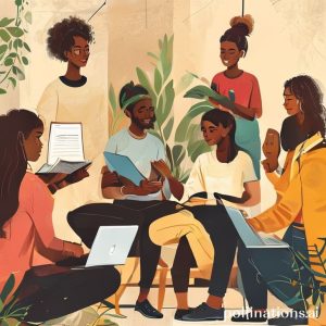 A diverse group of people engaged in different forms of personal development: one person reading a book, another doing yoga, someone attending an online course on a laptop, and two people networking and shaking hands. The atmosphere is positive and collaborative.