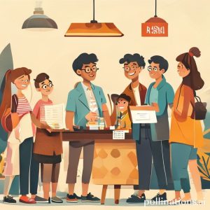 A diverse group of people (a student, an entrepreneur with a small stall, a mother) interacting with a friendly Pegadaian customer service representative, showcasing different needs and types of loans like KUR, KCA, and ARRUM Mikro.