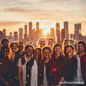 A group of diverse people (families, professionals, students, small business owners) smiling and standing together, with a blurred background of a city skyline at sunset. Above them, subtle graphic elements symbolizing community and growth.