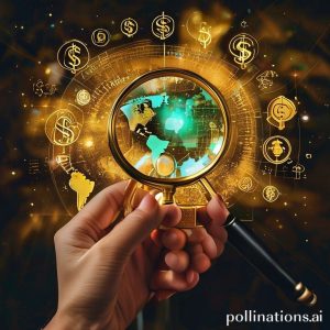 A hand holding a magnifying glass over a gold bar, with various economic symbols (dollar sign, interest rate arrow, world map) floating around it, symbolizing the complex factors affecting gold prices.