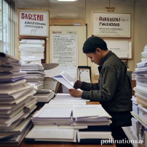 A person calmly filling out a form at a government office, with clear signs of BPN (Badan Pertanahan Nasional) or Samsat in the background, surrounded by neatly stacked documents, conveying a sense of order and procedure.