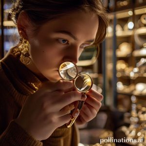 A person looking at a gold ring with a magnifying glass, focusing on the details and purity stamp, in a well-lit jewelry store, with other gold jewelry in the background. The person looks discerning and thoughtful.