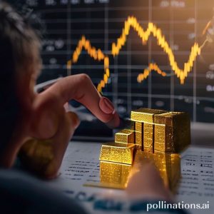 A person looking at a digital graph showing gold price fluctuations, with a small gold bar in the foreground, implying market analysis and future planning. The background subtly shows a Pegadaian logo or a building that resembles a financial institution.