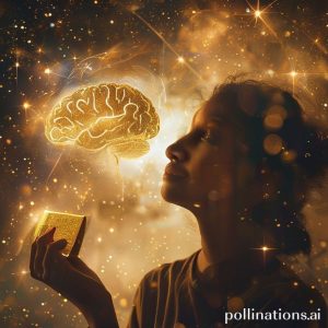 A person looking thoughtfully at a shimmering gold bar, with a dream-like, slightly blurry background of stars and a brain outline, symbolizing subconscious thoughts. The person has a hopeful expression.