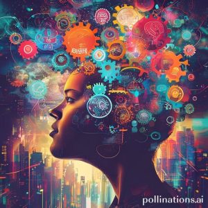 A person's head with various thought bubbles representing knowledge, skills, health, and networking. The background is a vibrant, futuristic city with gears and abstract digital elements, symbolizing growth and the digital era.