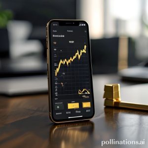 A smartphone screen showing the Tring by Pegadaian app with a graph of gold prices, next to a small gold bar. The background is a blurred office or home setting.