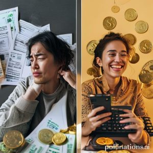 A split image showing two scenarios: on one side, a person looking stressed with bills and financial problems, and on the other side, the same person smiling with gold coins and a calculator, indicating a smart financial decision made possible by gadai tabungan emas.