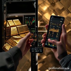 A split image: on one side, a hand holding physical gold bars in a secure vault; on the other side, a person looking at a mobile phone screen displaying a gold investment app interface with digital gold charts and figures. This illustrates the contrast and choice between physical and digital gold investment.