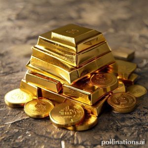 A stack of gleaming gold bars and several gold coins, neatly arranged on a secure, textured surface, symbolizing wealth and stability.