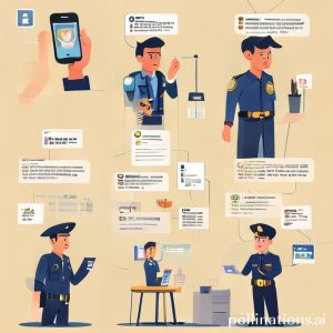 A step-by-step infographic or illustration depicting the process: 1. A hand holding a phone calling a bank, 2. A person showing an ID card to a police officer, 3. A person talking to a bank customer service representative. Each step has a clear icon.