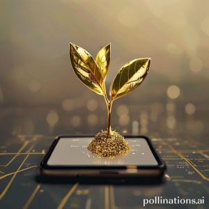 A visual metaphor for digital gold investment: a tiny seed sprouting into a golden plant on a smartphone screen, symbolizing small investments growing into valuable assets through the Tring app. The background is a minimalist, abstract representation of digital finance.