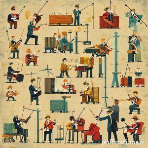 A whimsical illustration of an orchestra where each musician represents a different element of a supply chain (e.g., a farmer as a supplier, a factory as a production line, a delivery truck as logistics). The conductor is managing them all seamlessly.
