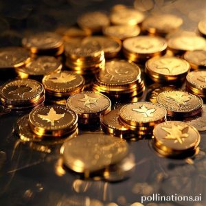 An array of various gold coins from different countries (e.g., American Gold Eagle, Canadian Gold Maple Leaf, Krugerrand), neatly arranged on a dark, reflective surface, with a subtle golden glow.