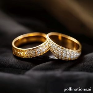An elegant display of two rings, one made of shiny yellow gold and the other of sparkling white gold, on a dark velvet background, with soft lighting highlighting their differences and allure.