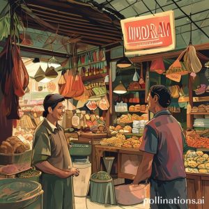 An illustration of a bustling Indonesian small traditional market with various goods, a shop owner smiling while talking to a customer, and a Pegadaian logo subtly visible in the background or on a sign. The overall tone is vibrant and optimistic, representing UMKM activity.