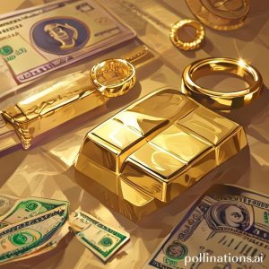 An illustration of a gold bar and a few pieces of gold jewelry (ring, necklace) on a table with some cash next to them. In the background, a subtle logo of Pegadaian. The overall mood is financial relief and security.