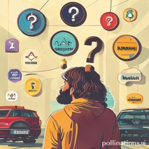 An illustration of a person looking at various financial institution logos (banks, leasing companies, Pegadaian) with a question mark above their head, symbolizing the search for where to pawn their vehicle's STNK/BPKB. The setting is bright and slightly optimistic.