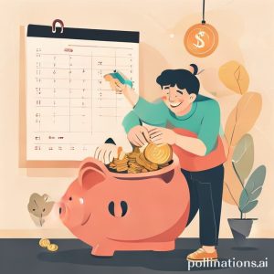 An illustration of a person happily putting coins into a large piggy bank, with a calendar in the background marking off days, symbolizing consistent saving and the accumulation of money. The style is modern and optimistic.