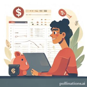 An illustration of a person confidently looking at a detailed budget spreadsheet on a laptop, with a piggy bank and a wallet beside it. The background shows simplified money symbols and a rising graph, conveying financial control and growth. The overall style is optimistic and clean.