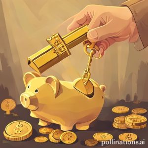 An illustration of a gold bar being lifted by a hand holding a key, symbolizing gold as an asset that unlocks financial solutions. In the background, there's a piggy bank and coins, suggesting saving and immediate cash needs.