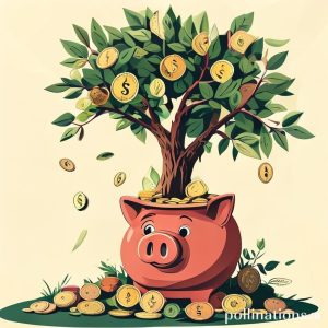 An illustration of a piggy bank filling up with coins and bills automatically from a money tree, symbolizing consistent and automated savings for emergency fund.