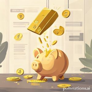 An illustration of a gold bar being dropped into a piggy bank, with small gold coins around it. The background is a clean, modern illustration of a Pegadaian office or a digital app interface. The image should convey the idea of 