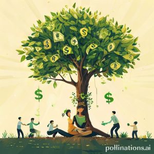An illustration showing a person planting a small money tree, which quickly grows into a large tree with dollar signs on its leaves. The person is sitting relaxed under the tree, while other small figures are watering the tree, representing the passive income aspect of royalties. The background is bright and optimistic.