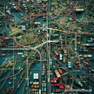An intricate network of roads, railways, ships, and airplanes forming a global map, representing the complex nature of a supply chain. Diverse goods are seen moving along these paths.