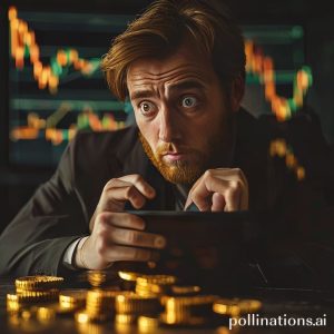 An investor looking at a fluctuating gold price chart on a tablet, with a worried but thoughtful expression. A small pile of gold coins is next to the tablet.
