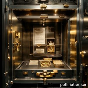 An open safe deposit box in a bank vault, showing gold jewelry and important documents neatly stored inside. The background suggests a secure, professional environment.