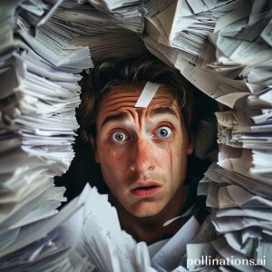 Anxious person looking through piles of scattered documents, with a worried expression, symbolizing the panic of losing important papers.