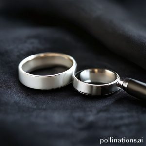 Close-up of two rings, one white gold and one sterling silver, placed side-by-side on a dark velvet cloth, with subtle differences in their white luster visible under soft lighting. A magnifying glass is slightly in the foreground.
