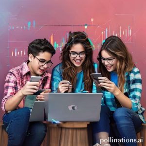 Ilustrasi sekelompok anak muda modern sedang melihat grafik investasi di layar laptop dan smartphone mereka, menunjukkan optimisme dan kemudahan akses investasi online.