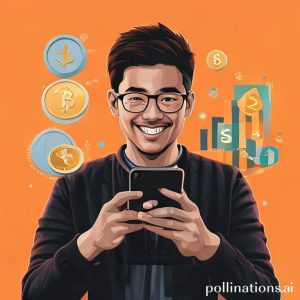 Ilustrasi seorang pria muda sedang tersenyum melihat aplikasi Pegadaian di smartphone-nya, dengan latar belakang ikon-ikon keuangan seperti koin emas, grafik saham, dan logo bank digital. Gaya modern, cerah, dan optimistis.
