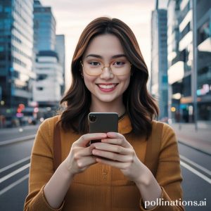 Ilustrasi seorang wanita muda sedang tersenyum sambil memegang smartphone-nya yang menampilkan aplikasi Tring by Pegadaian dengan ikon emas digital, di latar belakang perkotaan yang modern dan cerah. Gaya semi-realistis, optimis.