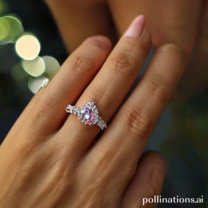 Sebuah cincin solitaire berlian di jari, dengan latar belakang bokeh yang lembut, menunjukkan kilau dan 