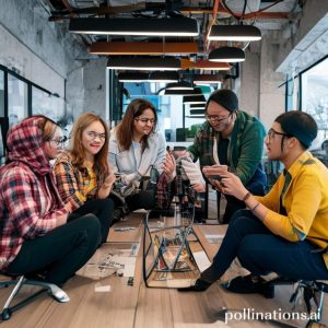 Sekelompok orang dari berbagai latar belakang etnis sedang berkolaborasi di sebuah ruang kerja bersama yang modern dan penuh warna. Mereka terlihat antusias, berdiskusi, dan berbagi ide di depan papan tulis yang penuh sketsa, mencerminkan semangat jaringan dan inovasi dalam wirausaha.