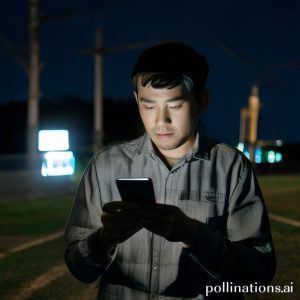 Seorang pria sedang menggunakan Tring by Pegadaian untuk membayar tagihan listrik di malam hari, dengan cahaya biru dari smartphone-nya menerangi wajahnya, menunjukkan kemudahan akses 24/7. Suasana tenang dan praktis.