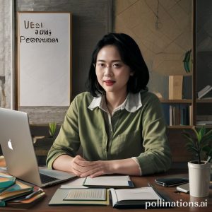 Seorang wanita muda sedang duduk di meja kerjanya yang rapi di rumah, dikelilingi oleh laptop, buku catatan, dan secangkir kopi, senyum optimis terpancar di wajahnya. Ada tulisan 