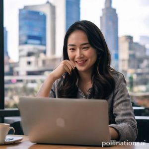 Seorang wanita muda tersenyum percaya diri di depan laptopnya, bekerja dari sebuah kafe yang nyaman. Di belakangnya terlihat cityscape yang dinamis, menunjukkan fleksibilitas waktu dan tempat dalam berwirausaha. Dia memegang secangkir kopi, dengan ekspresi fokus namun santai.