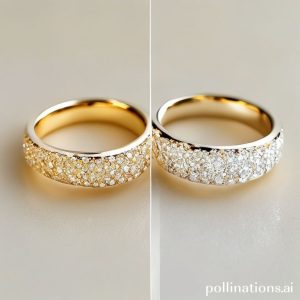 Side-by-side comparison of a dull, yellowed white gold ring and a sparkling, bright white gold ring.