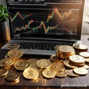 Tumpukan koin emas dan beberapa batang emas kecil di atas meja kerja dengan grafik harga emas yang sedang naik di layar laptop, menunjukkan konsep investasi yang menguntungkan.