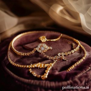 Various gold jewelries like a ring, necklace, and bracelet neatly displayed on a velvet cushion, with a faint, transparent silhouette of a person in the background, suggesting personal connection.